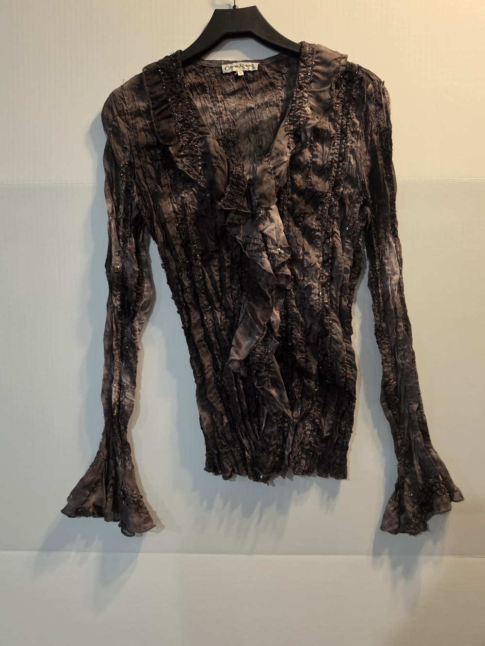 Claudia Richard Crinkled Ruffle V-Neck Blouse - Black and Grey